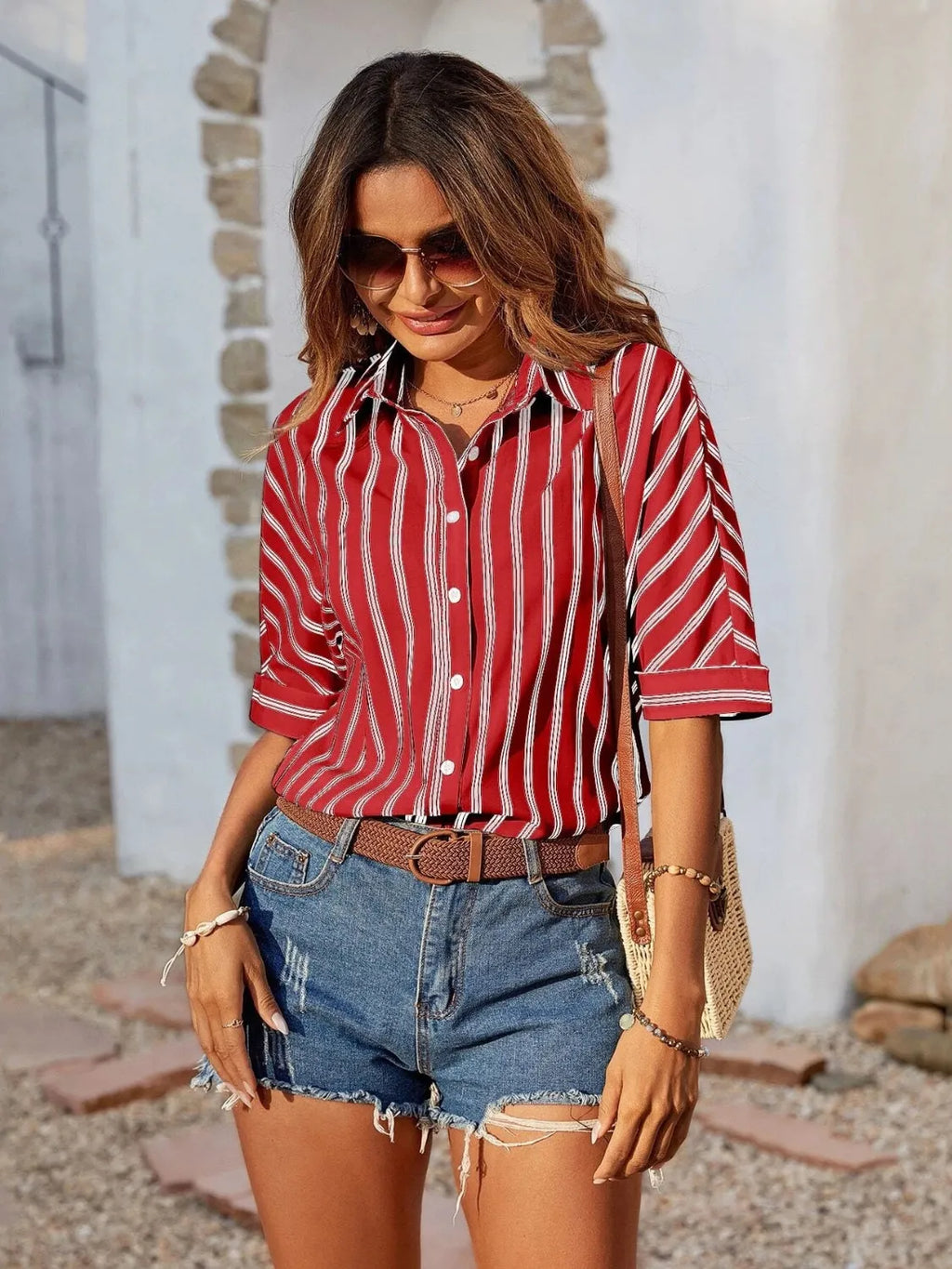 Striped Collared Neck Half Sleeve Shirt