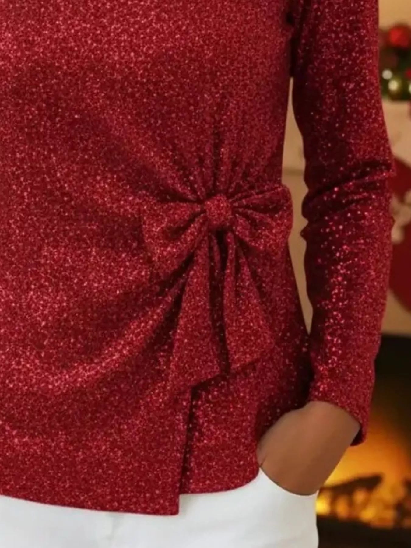 Full Size Sequin Bow-Knot Long Sleeve Top Plus Size