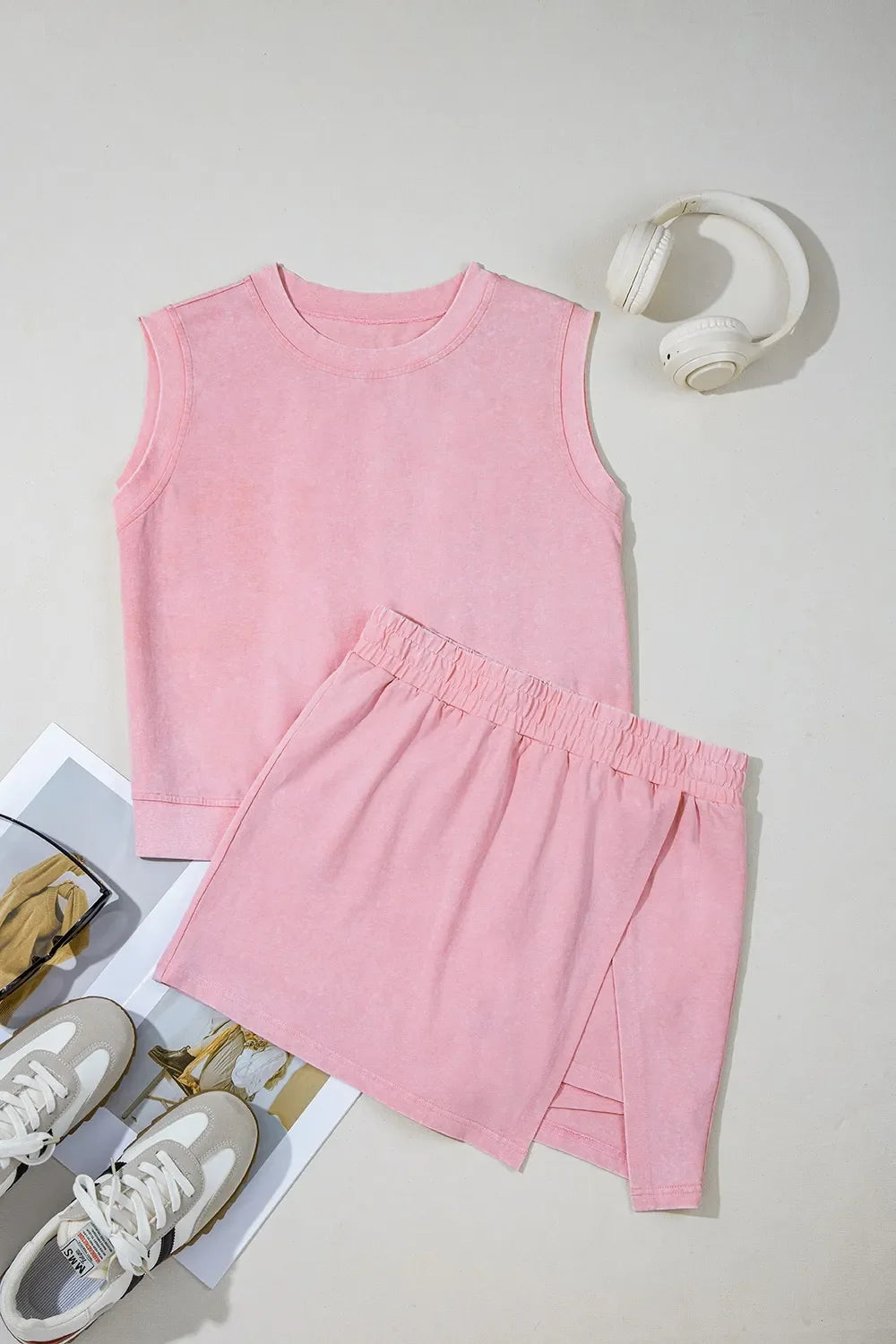 Mineral Wash Cotton Tank Top and Slit Skort Set