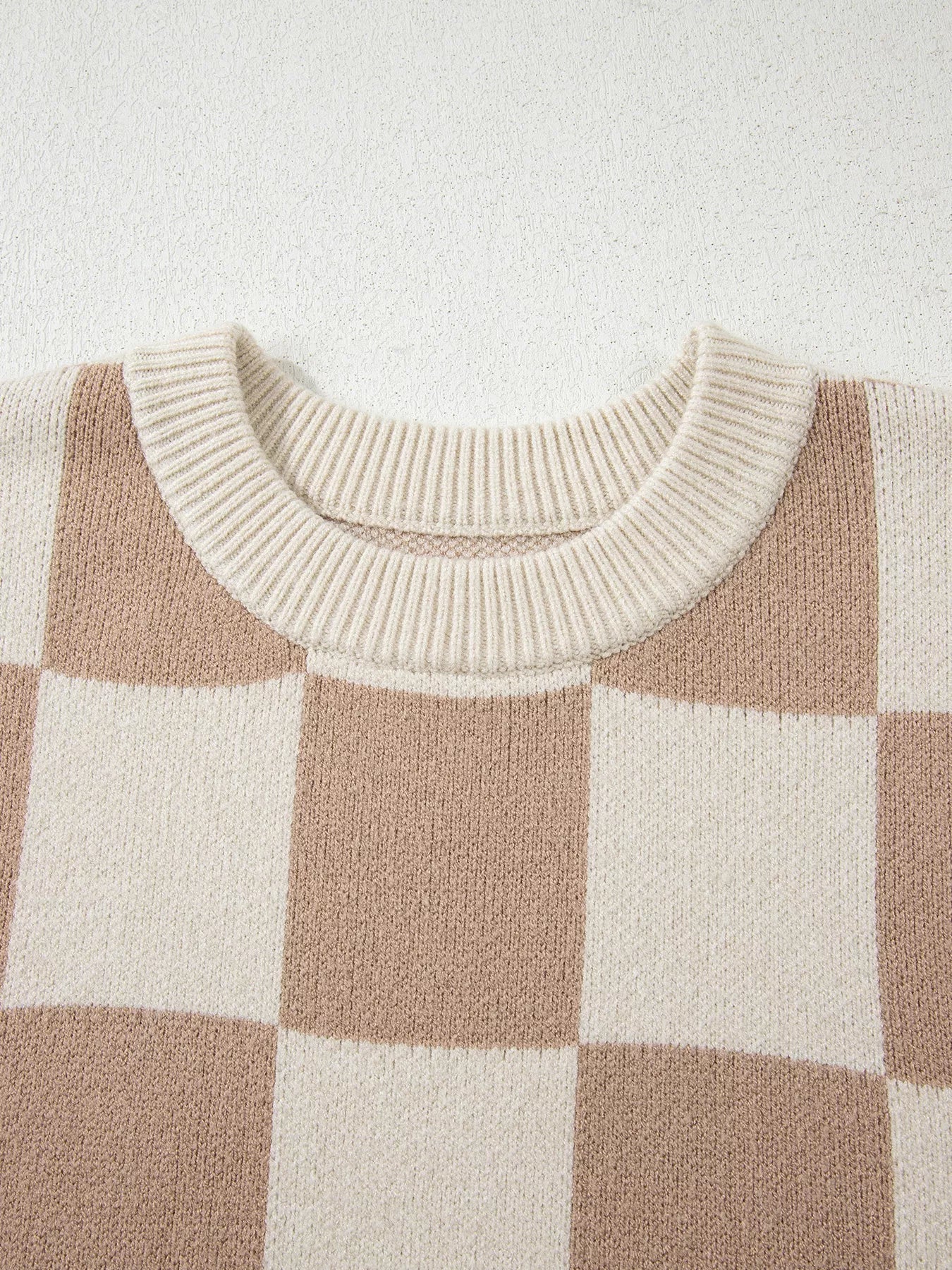 Checkered Pattern Ribbed Trim Knit Baggy Sweater