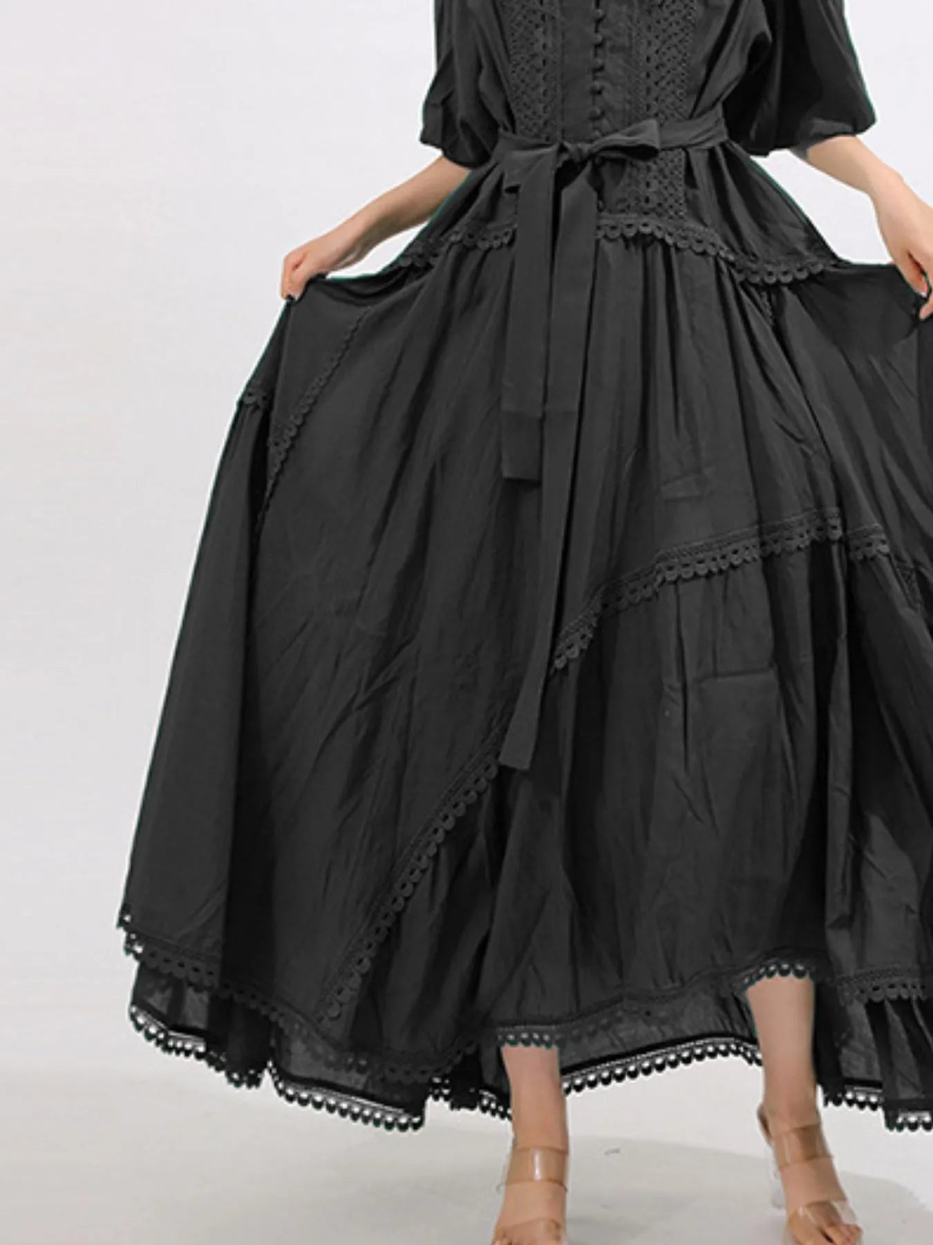 Lace Detail Notched Puff Sleeve Maxi Dress