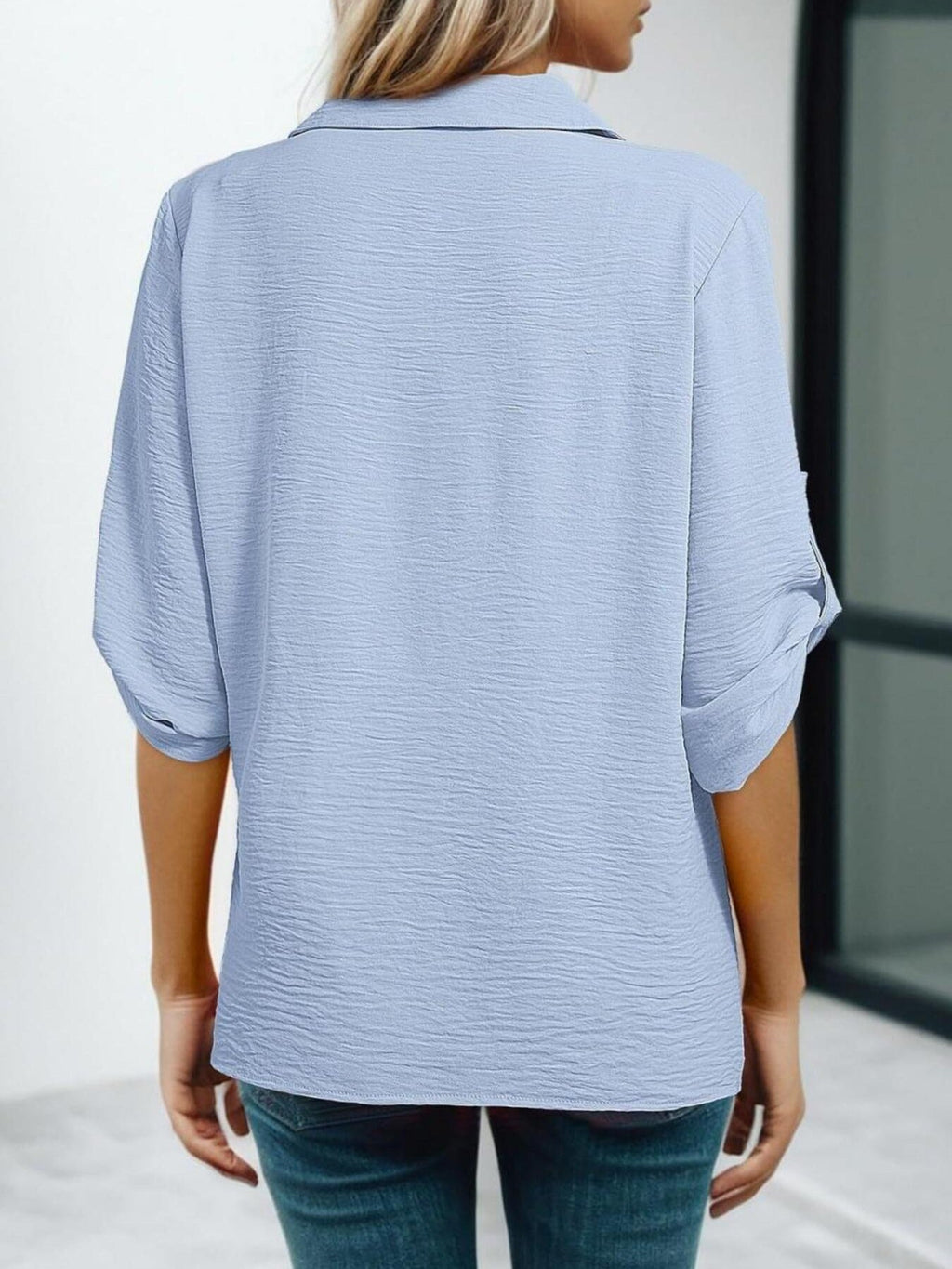 Johnny Collar Roll-Up Sleeve Blouse