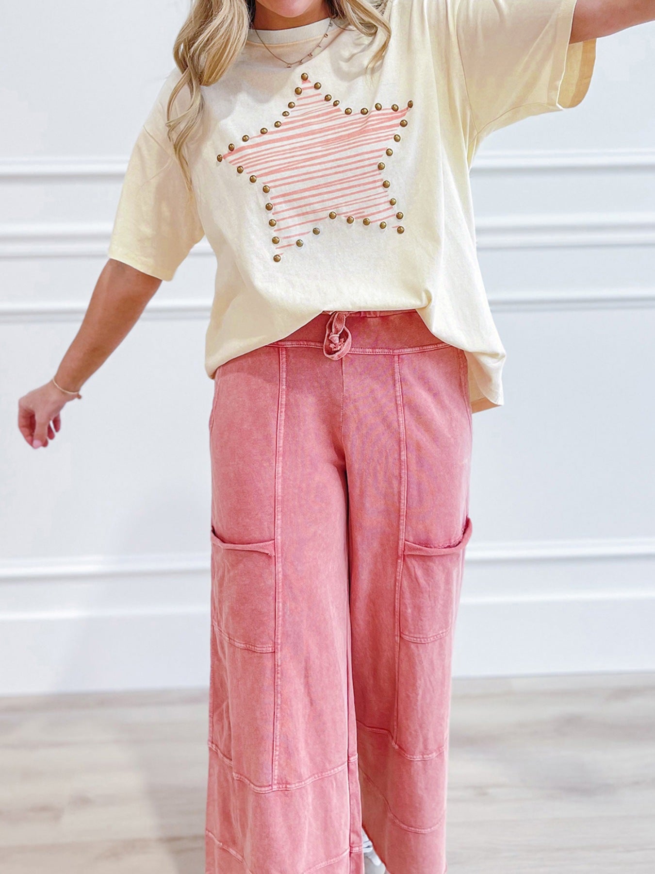 Star Print Stud Detail Cotton Jersey Top