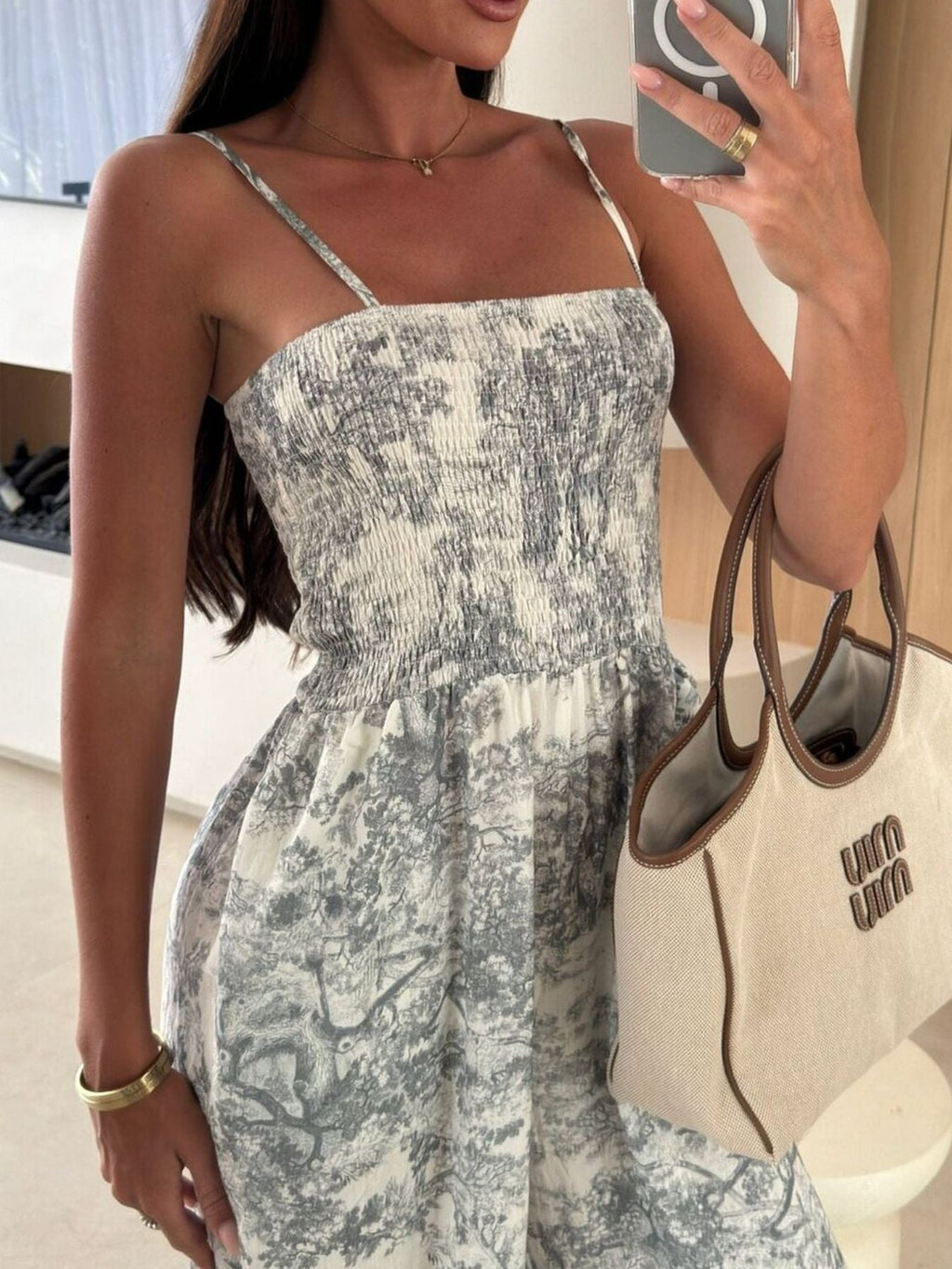 Printed Smocked Wide Leg Jumpsuit