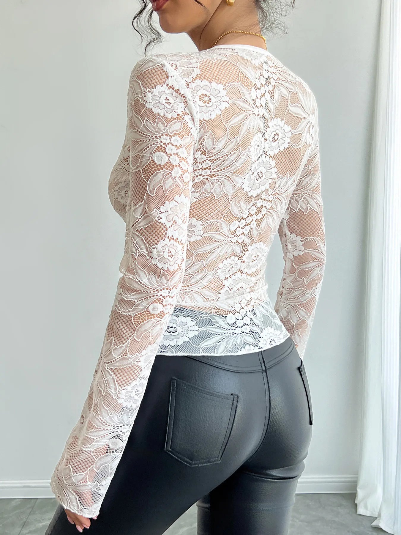 Lace Deep V-Neck Long Sleeve T-Shirt