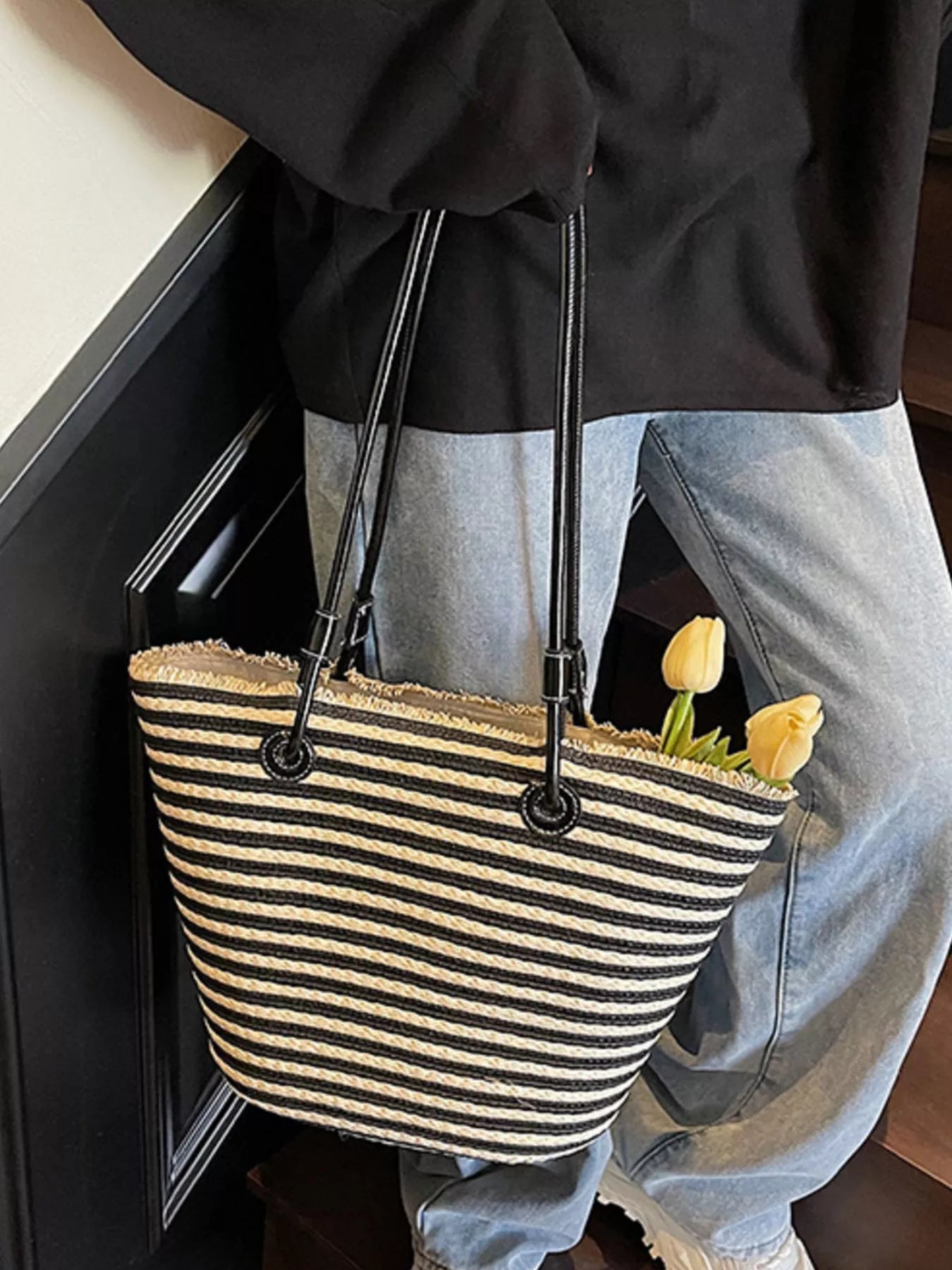 Striped Woven Straw Shoulder Bag