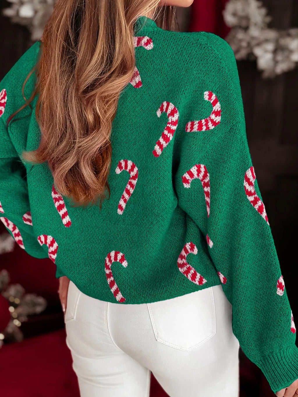 Christmas Candy Cane Holiday Drop Shoulder Sweater