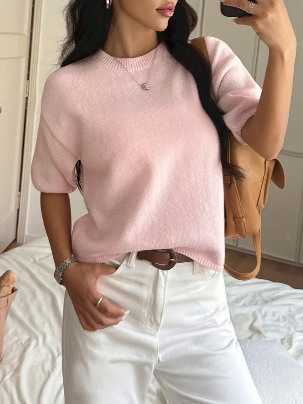 Ribbed Hem Round Neck Sweater
