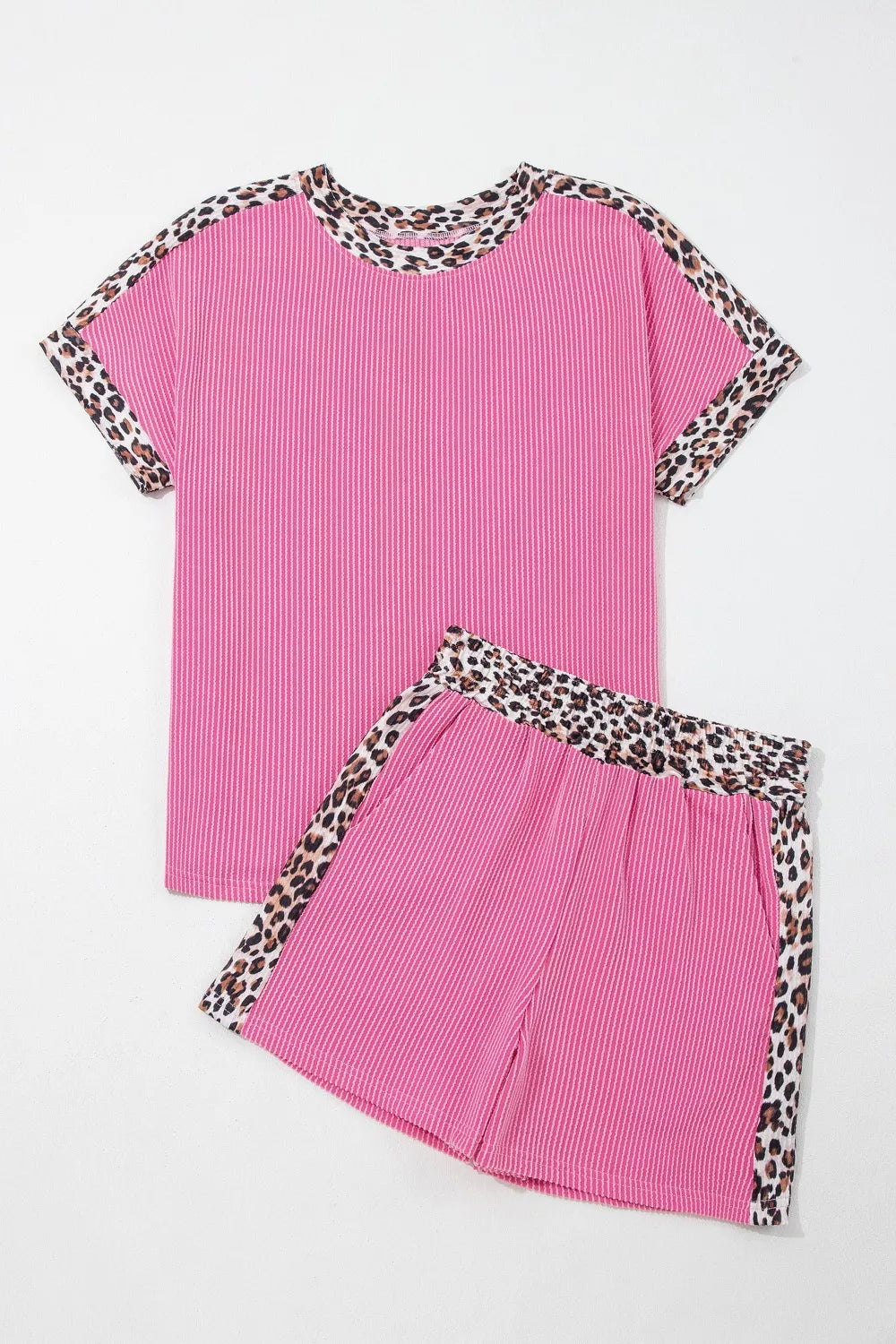 Leopard Trim Twist Ribbed Top and Shorts Set