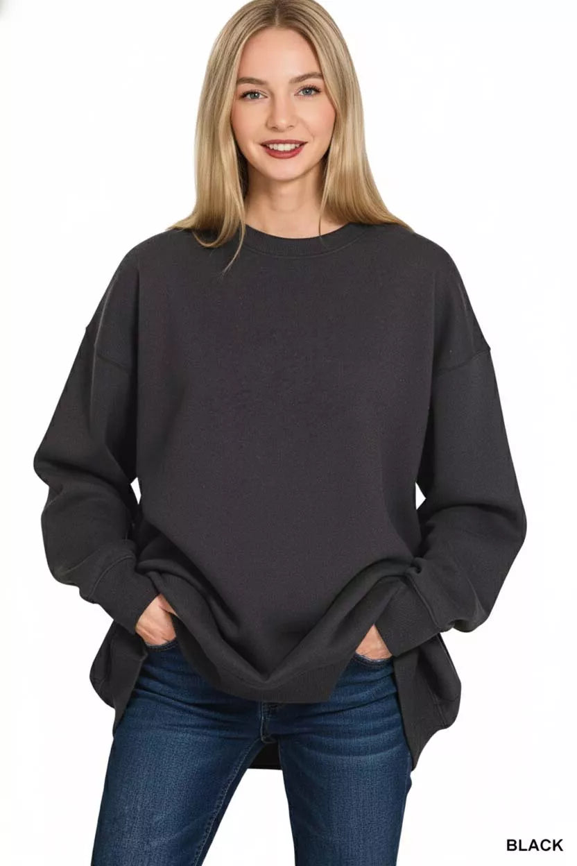 Zenana Oversized Round Neck Fleece Tunic Sweatshirt