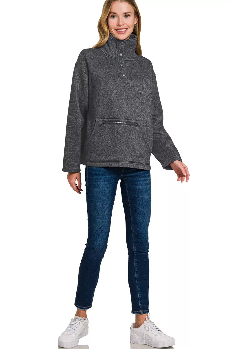 Zenana Fleece Washed High Neck Kangaroo Pocket Sweatshirt
