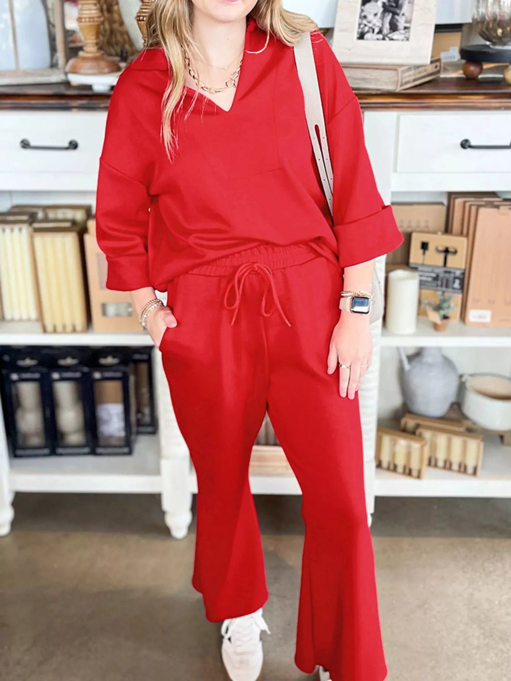 Polo Collar V Neck 3/4 Sleeve Pullover Drawstring Bell Bottom Pants 2pcs Set
