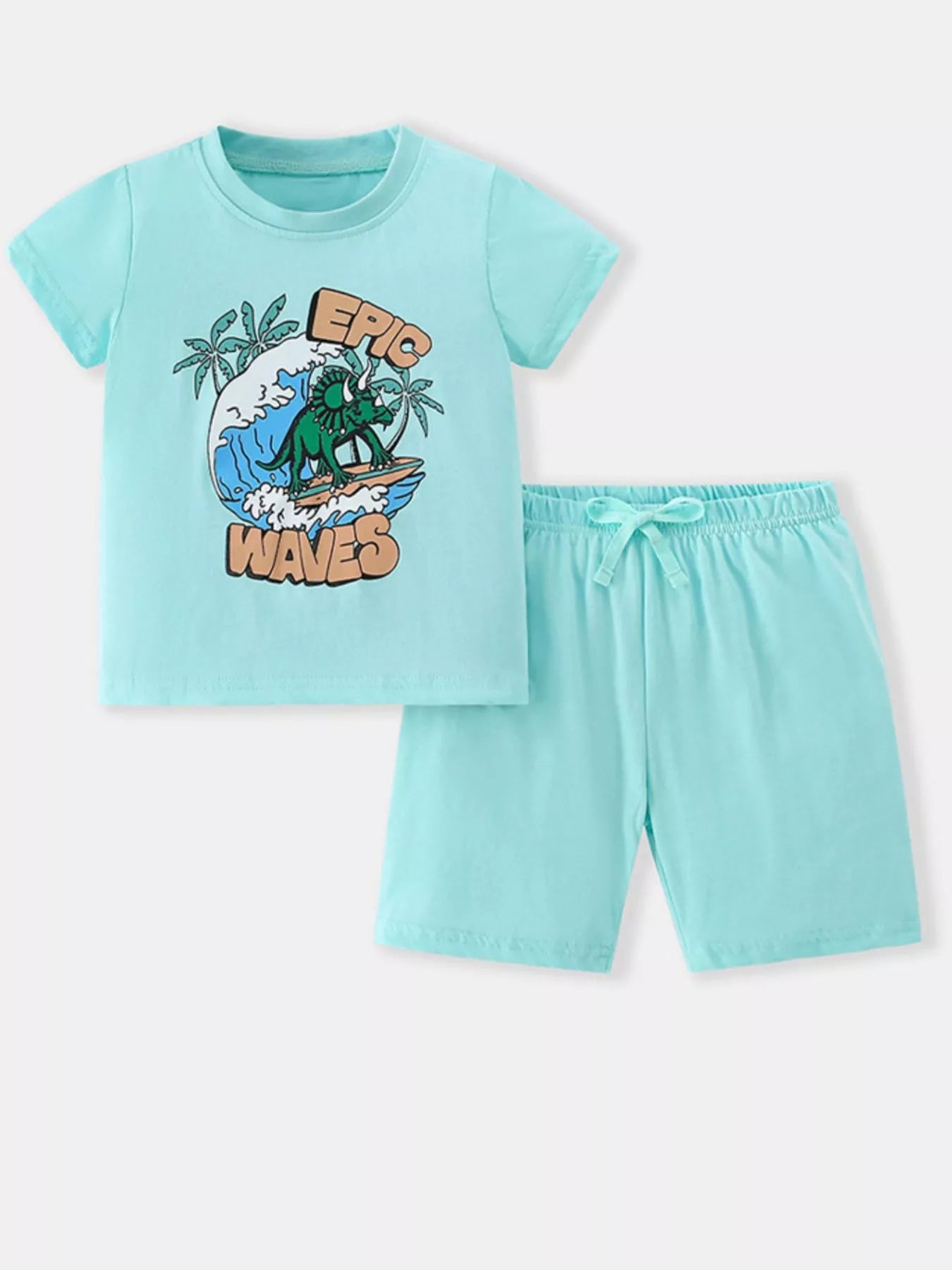 Children's Dinosaur Surfing Adventure Graphic T-Shirt and Shorts Set