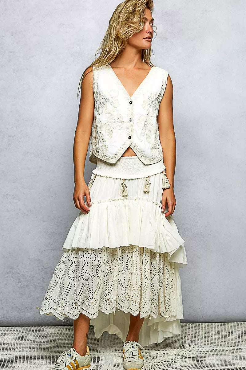 POL Embroidered Floral V-Neck Button Down Crochet Vest