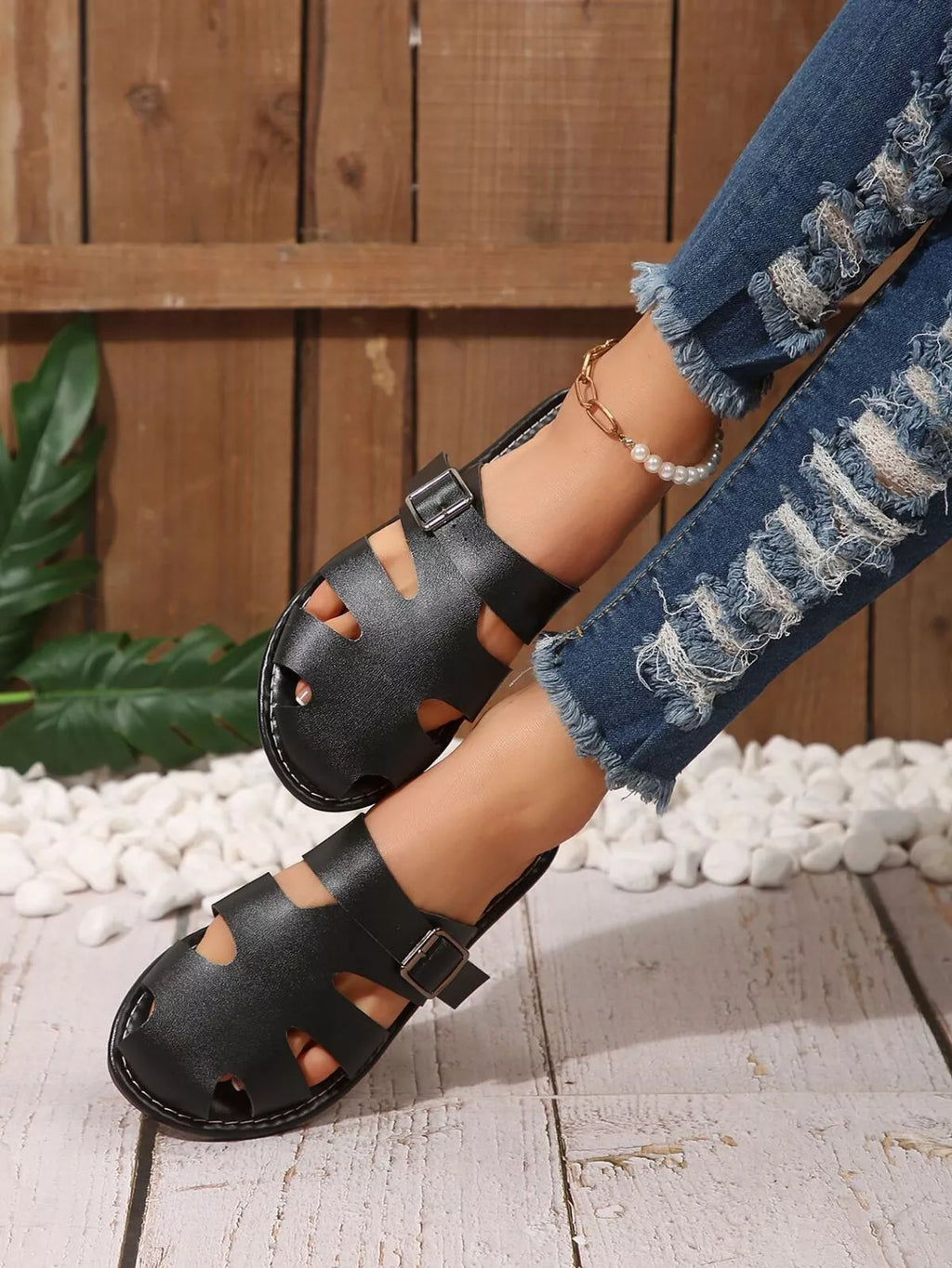 Comfortable Slip-On Leather Sandals with Adjustable Buckle