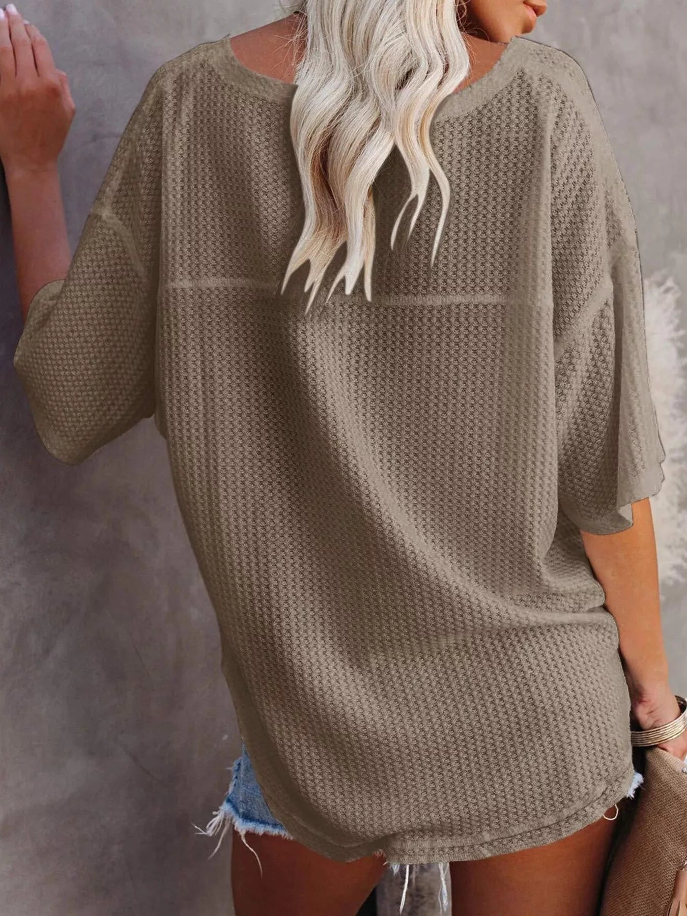 Waffle Knit V-Neck Short Sleeve T-Shirt