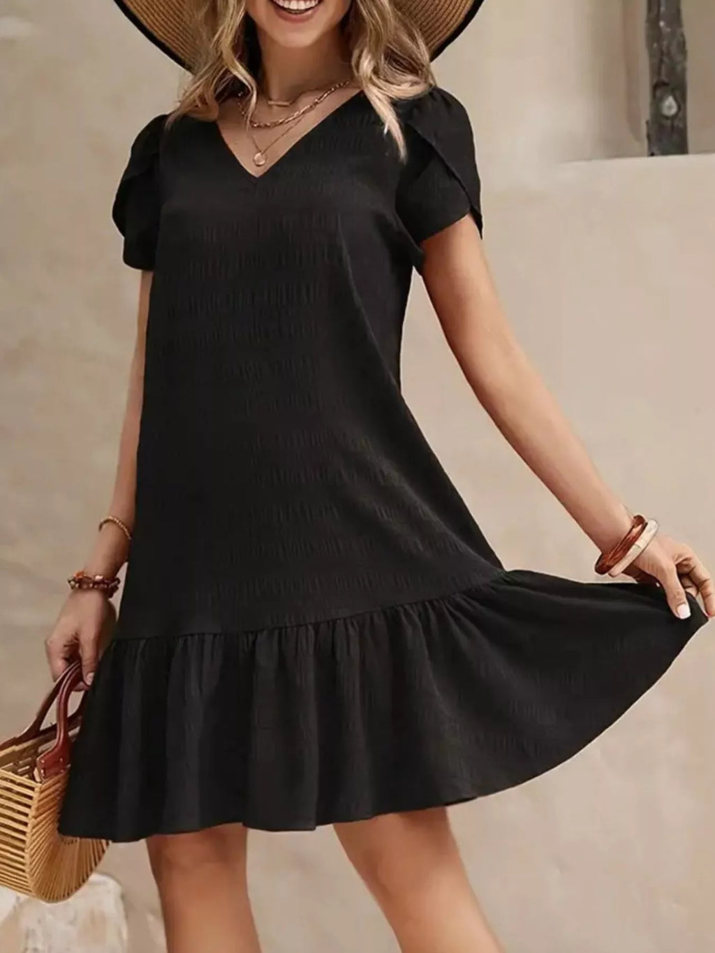 V-Neck Ruffle Hem Textured Mini Dress