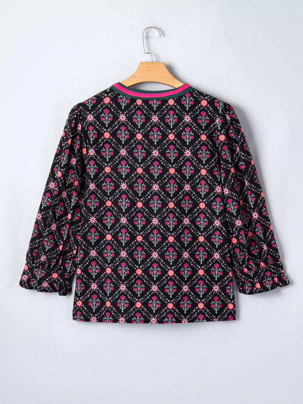Contrast V Neckline Bracelet Sleeve Vintage Floral Blouse