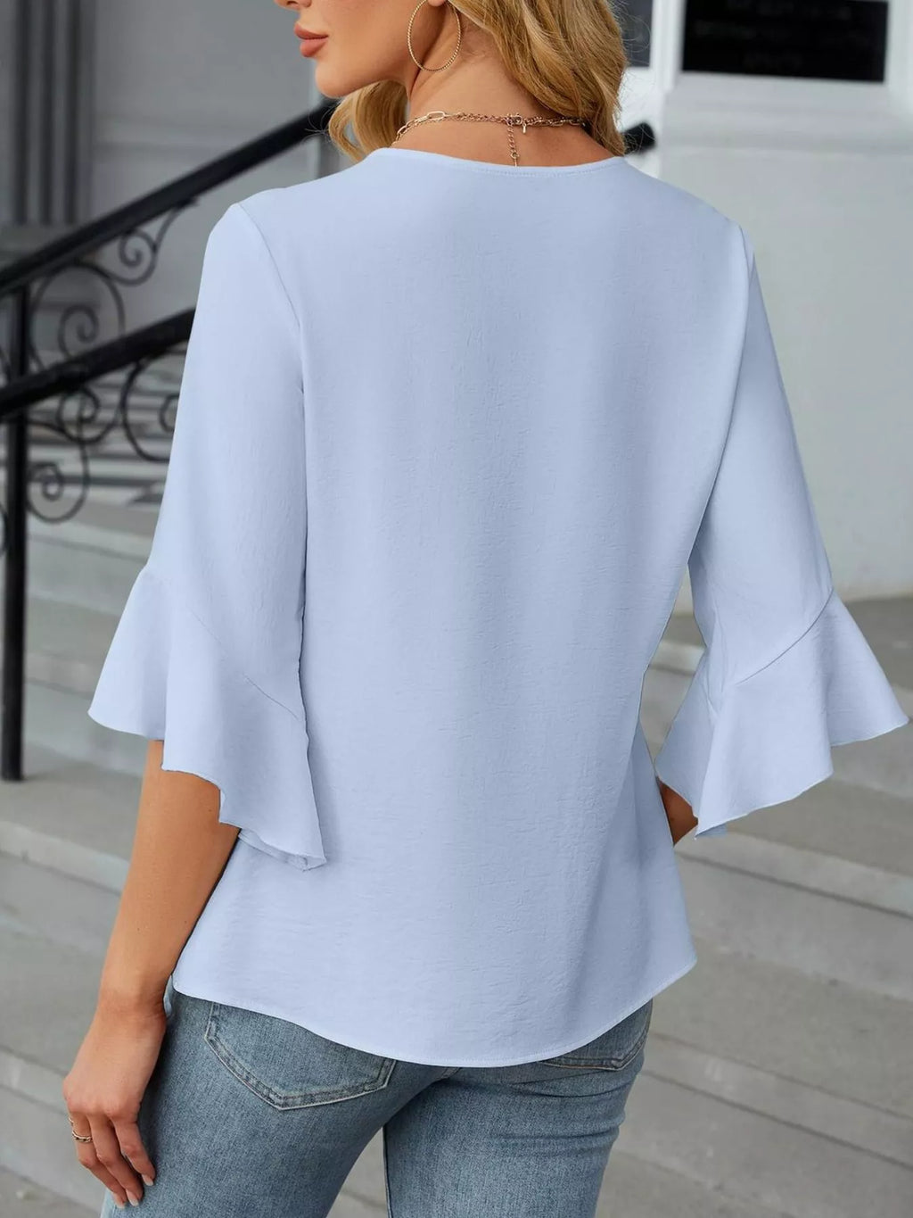 V-Neck Ruffle Sleeve Blouse