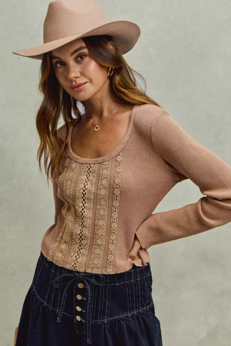 SO ME Vintage Washed Lace Crop Thermal Washed Knit Top