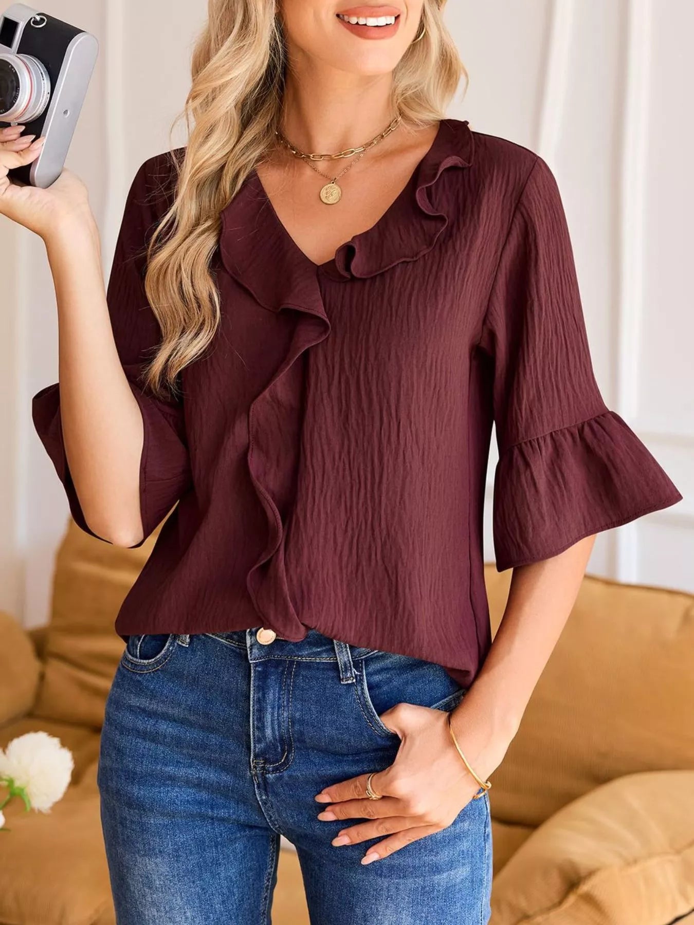 Ruffle Trim V-Neck Blouse