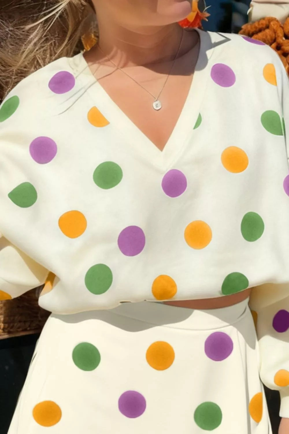 Polka Dot V-Neck Top and Skirt Set