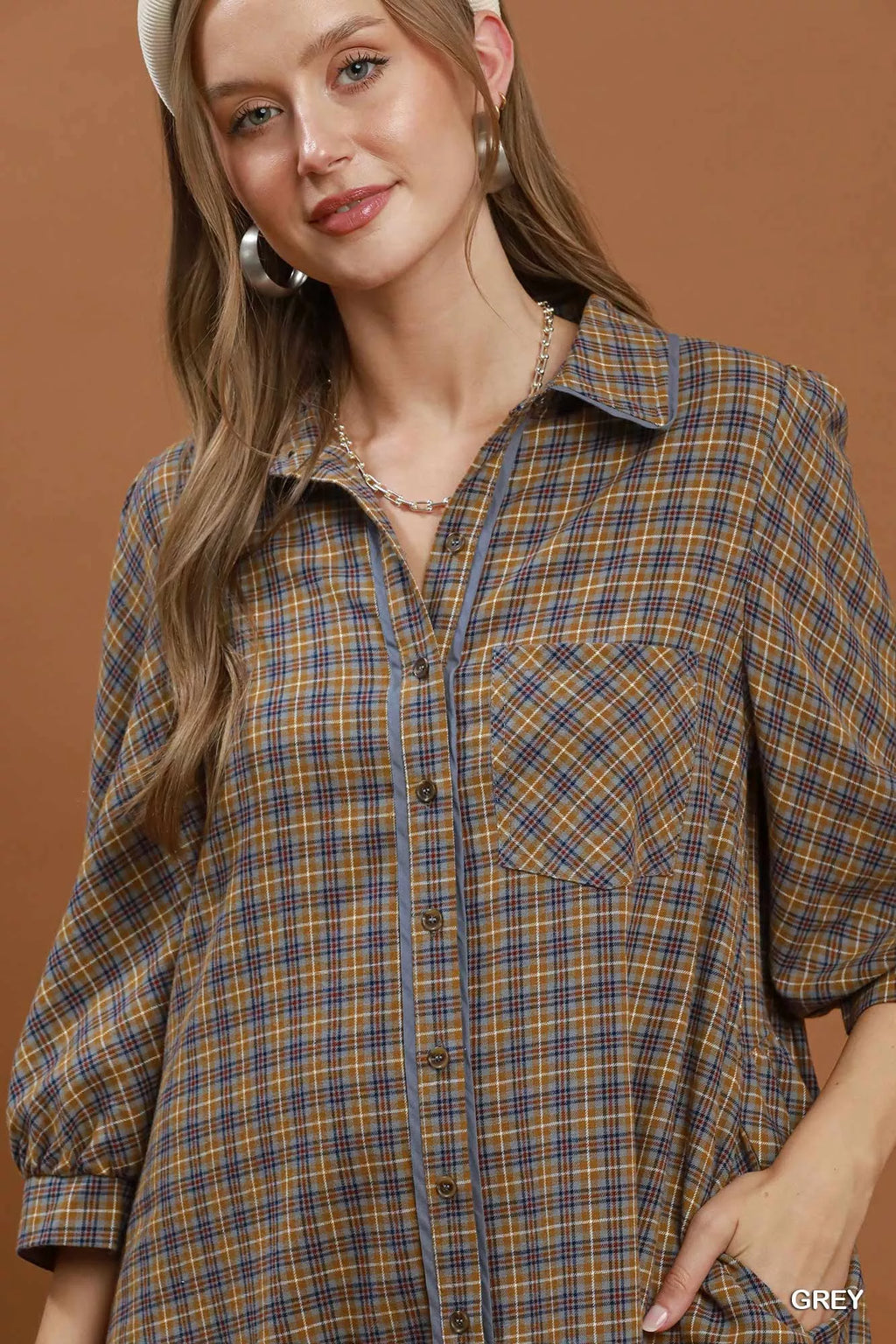 Umgee Plaid Button Down Oversized Shirt Dress