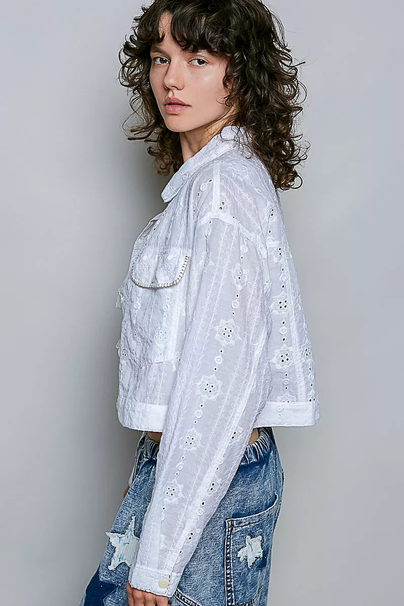 POL Eyelet Textured Cotton Cropped Button Front Jacket