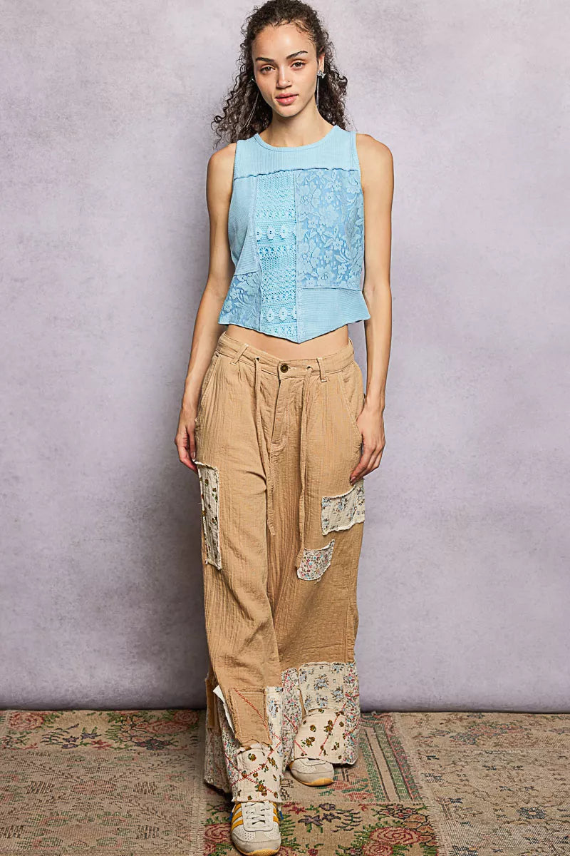 POL Ribbed Round Neck Cropped Tank with Lace Detail