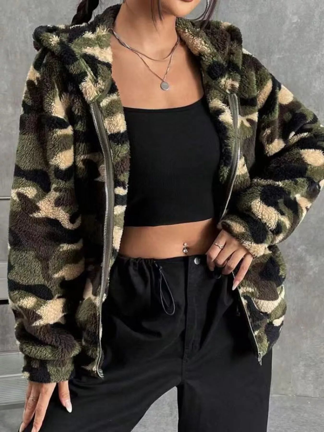 Fuzzy Camo Zip-Up Hoodie