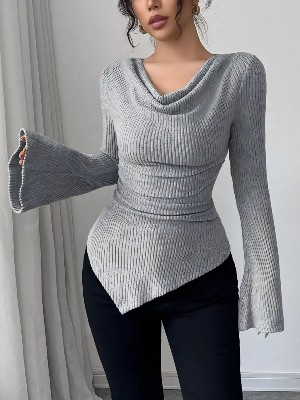 Cowl Neck Flare Sleeve Top
