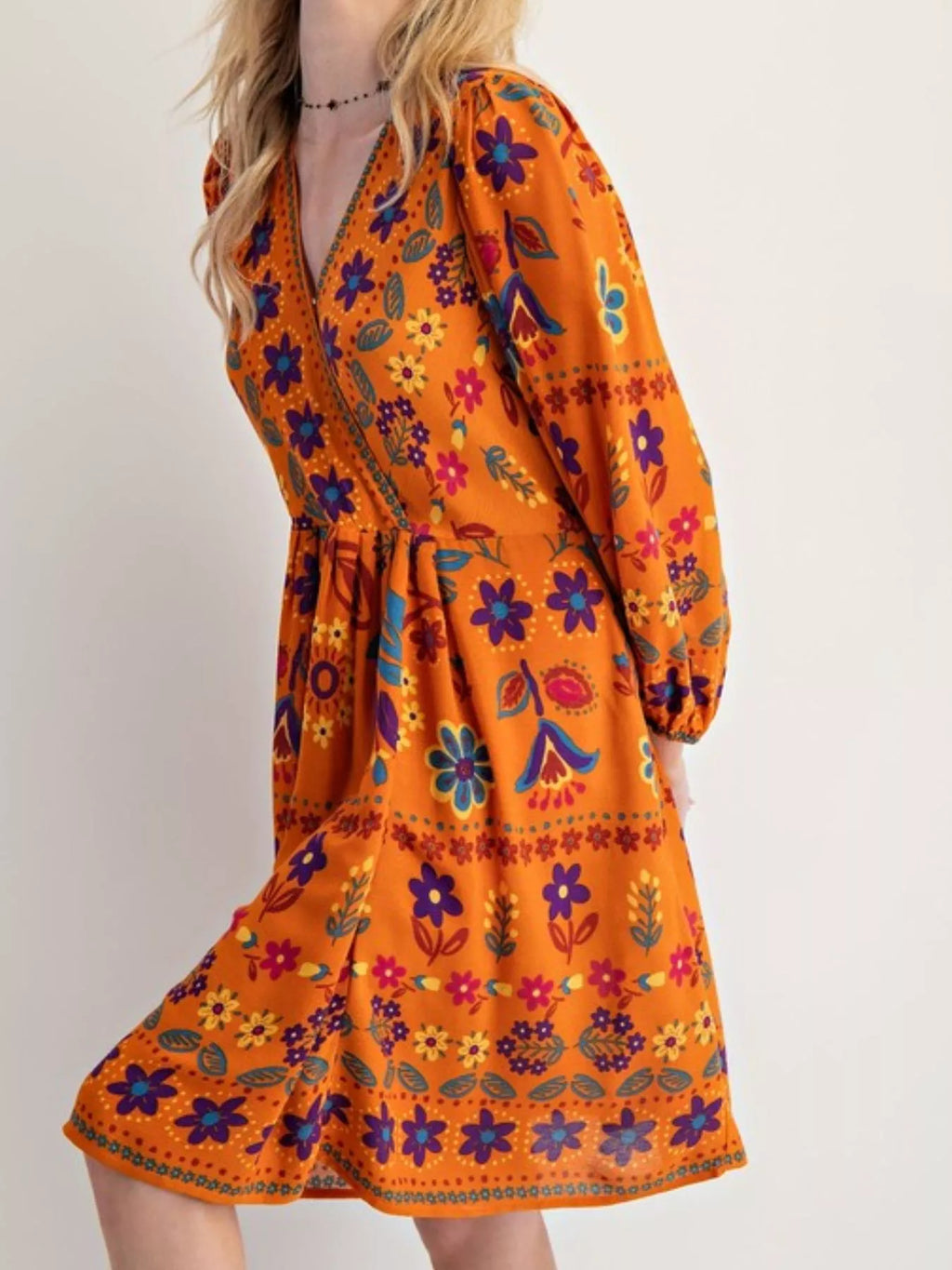 Bohemian Floral Print Long Sleeve Mini Dress