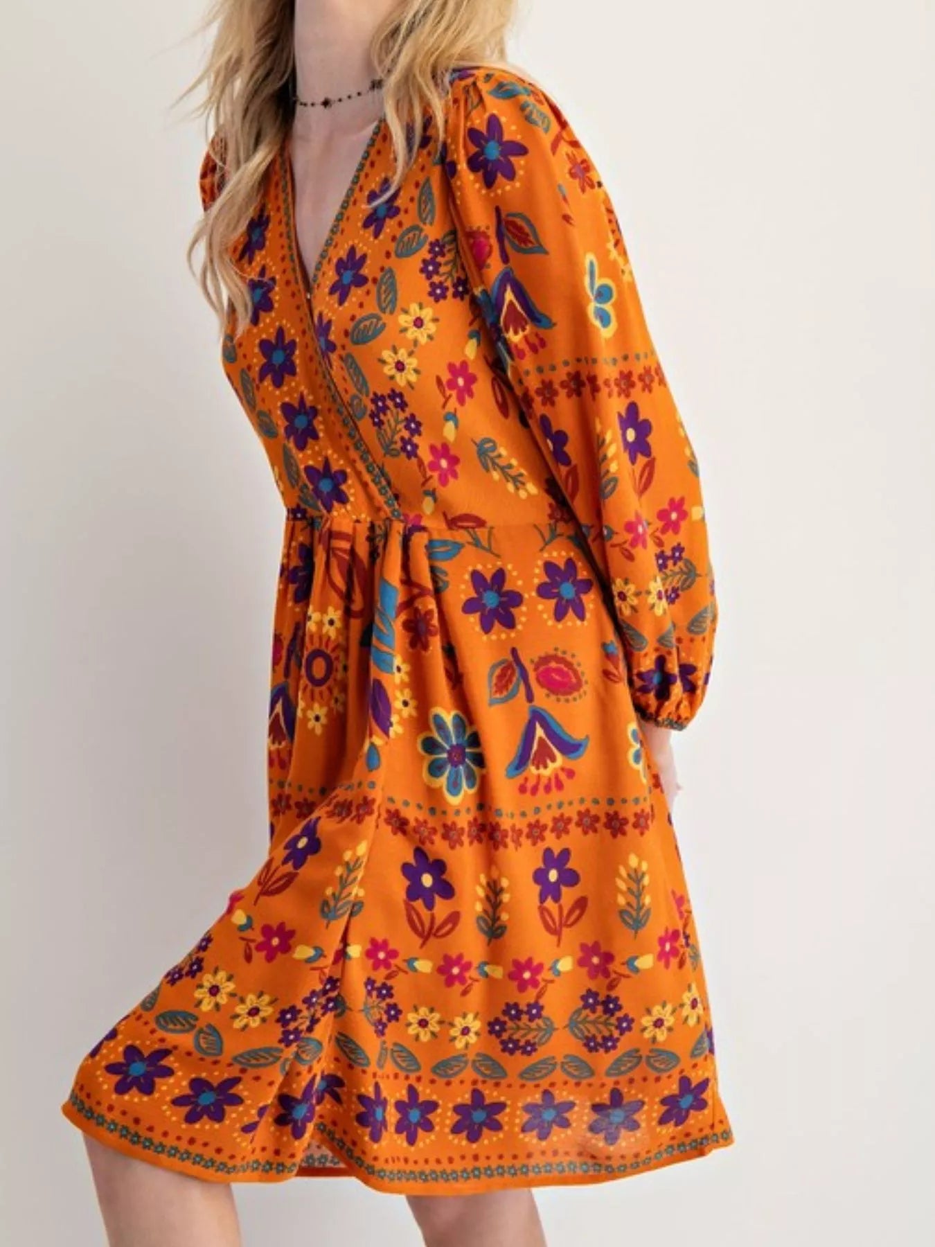 Bohemian Floral Print Long Sleeve Mini Dress