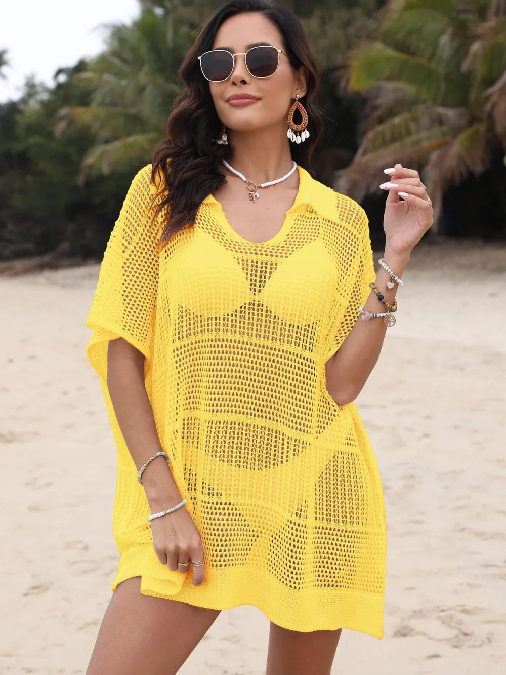 Hollow Out Collared Neck Cover-Up
