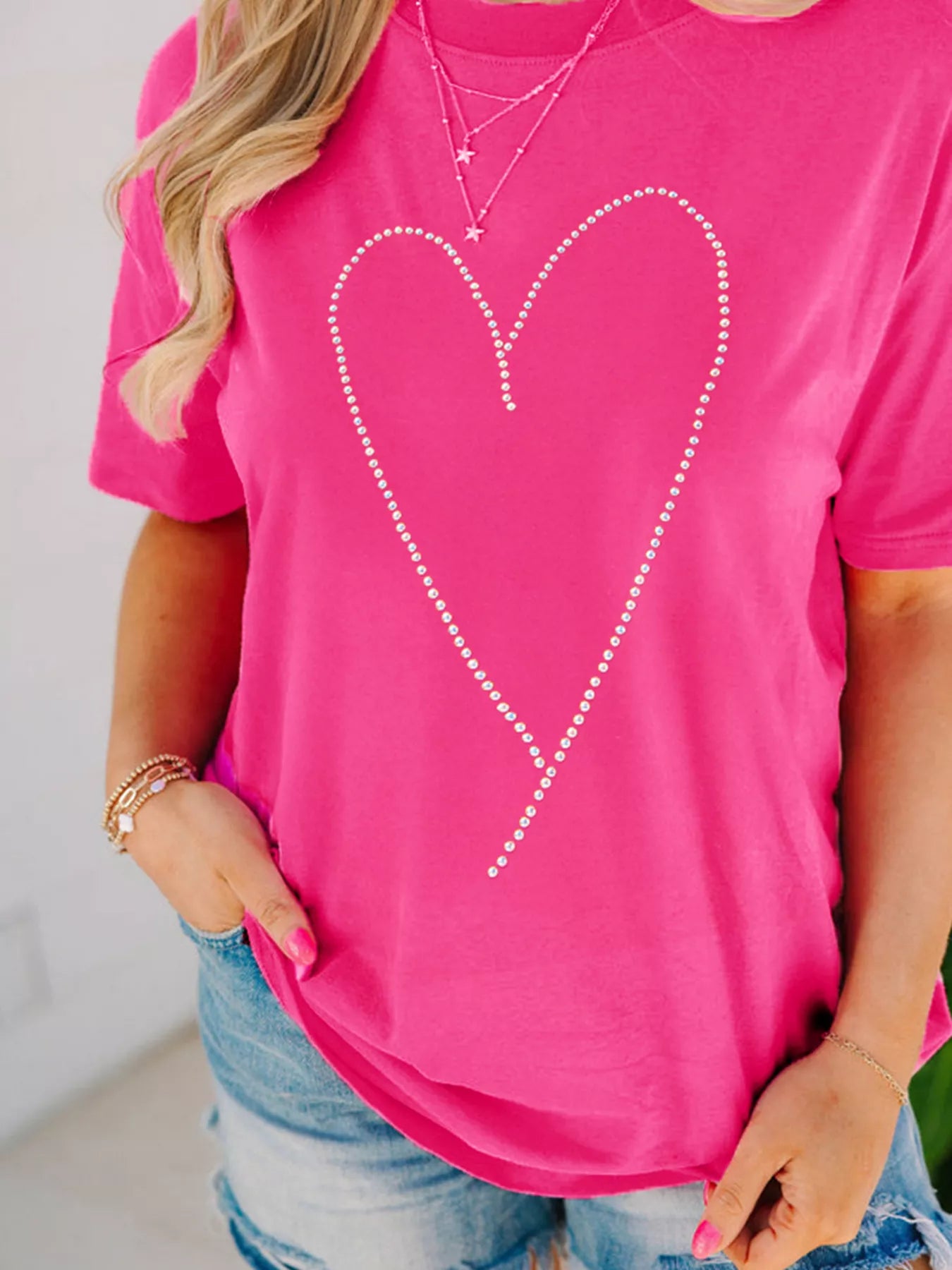 Rhinestone Heart Graphic Crew Neck Valentines Tee