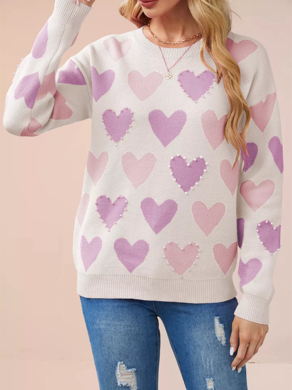 Heart Pattern Beaded Round Neck Sweater