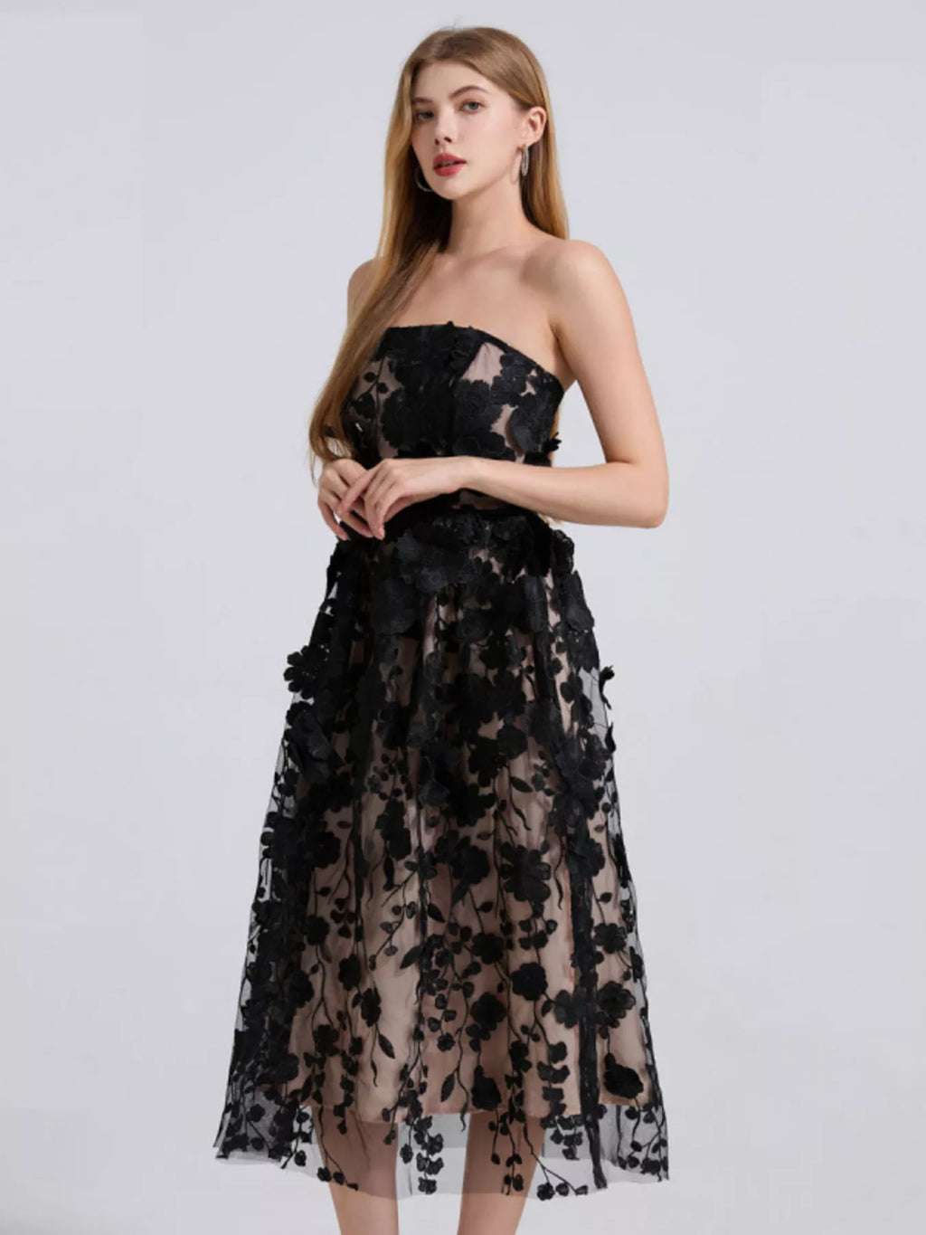 Floral Applique Strapless Midi Dress