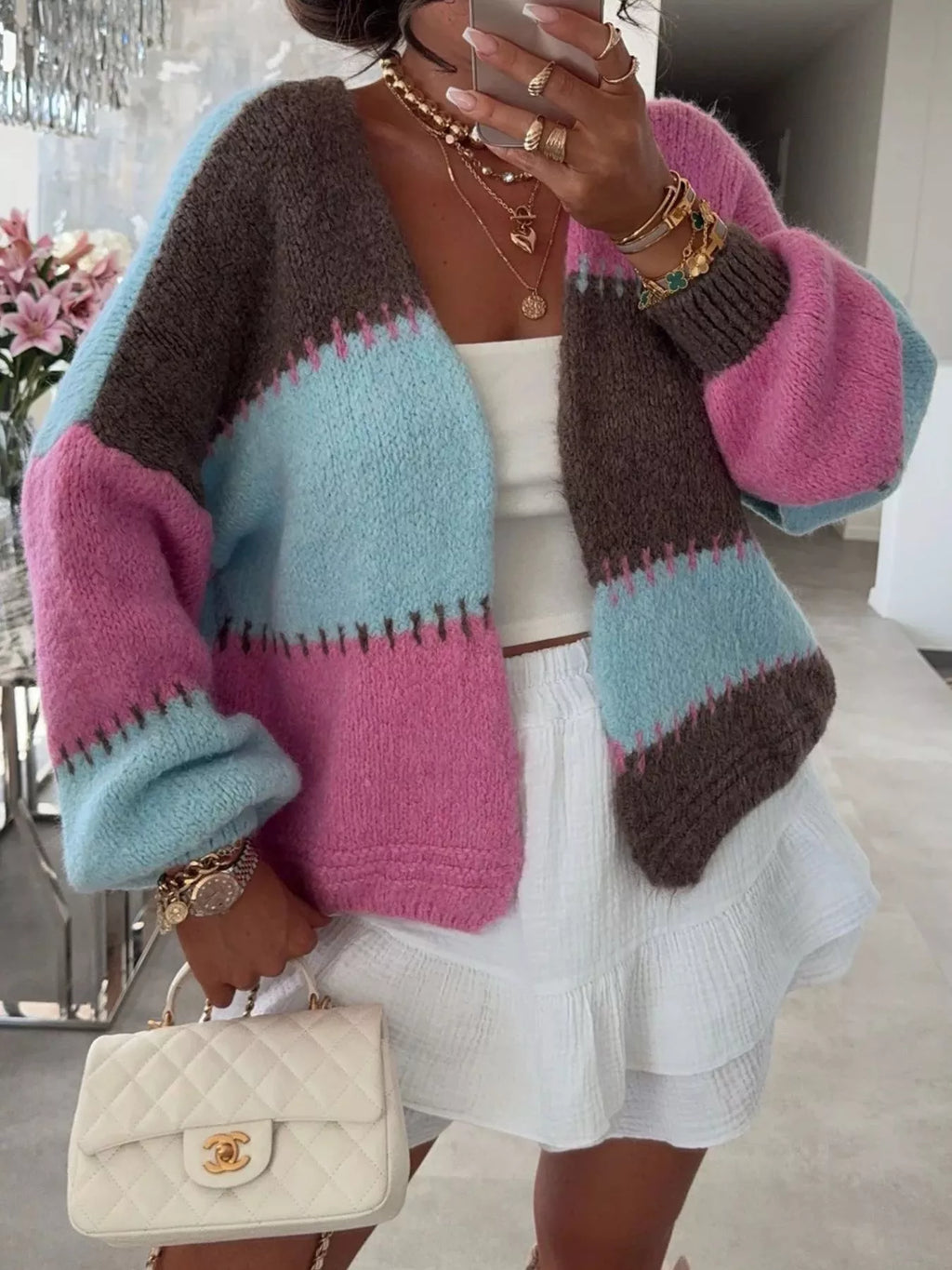 Color Block Open Front Cardigan