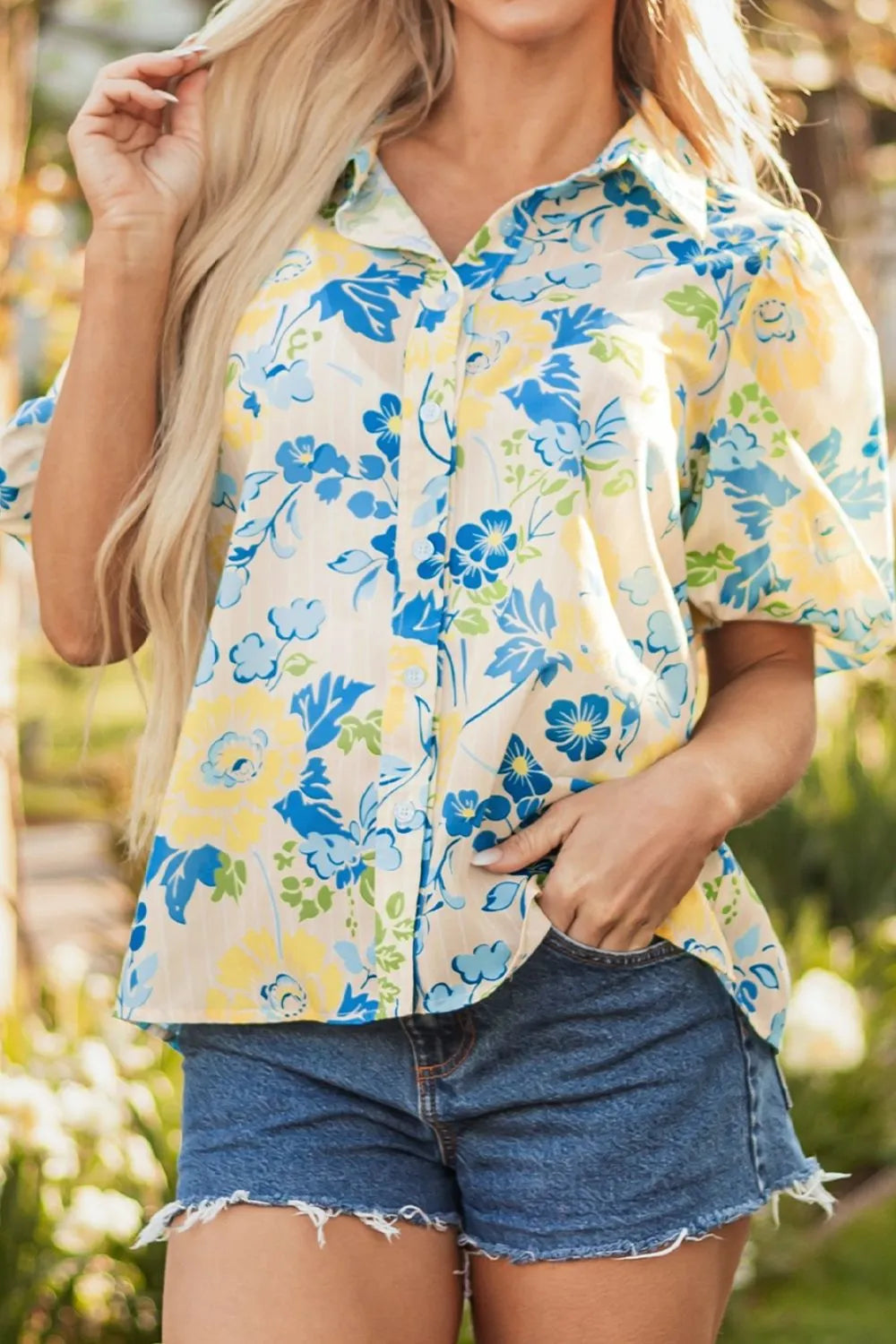 Printed Puff Sleeve Button Down Summer Shirt