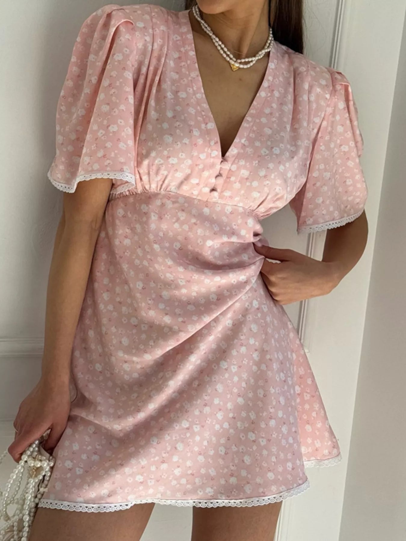V-Neck Puff Sleeve Mini Dress with Lace Trim
