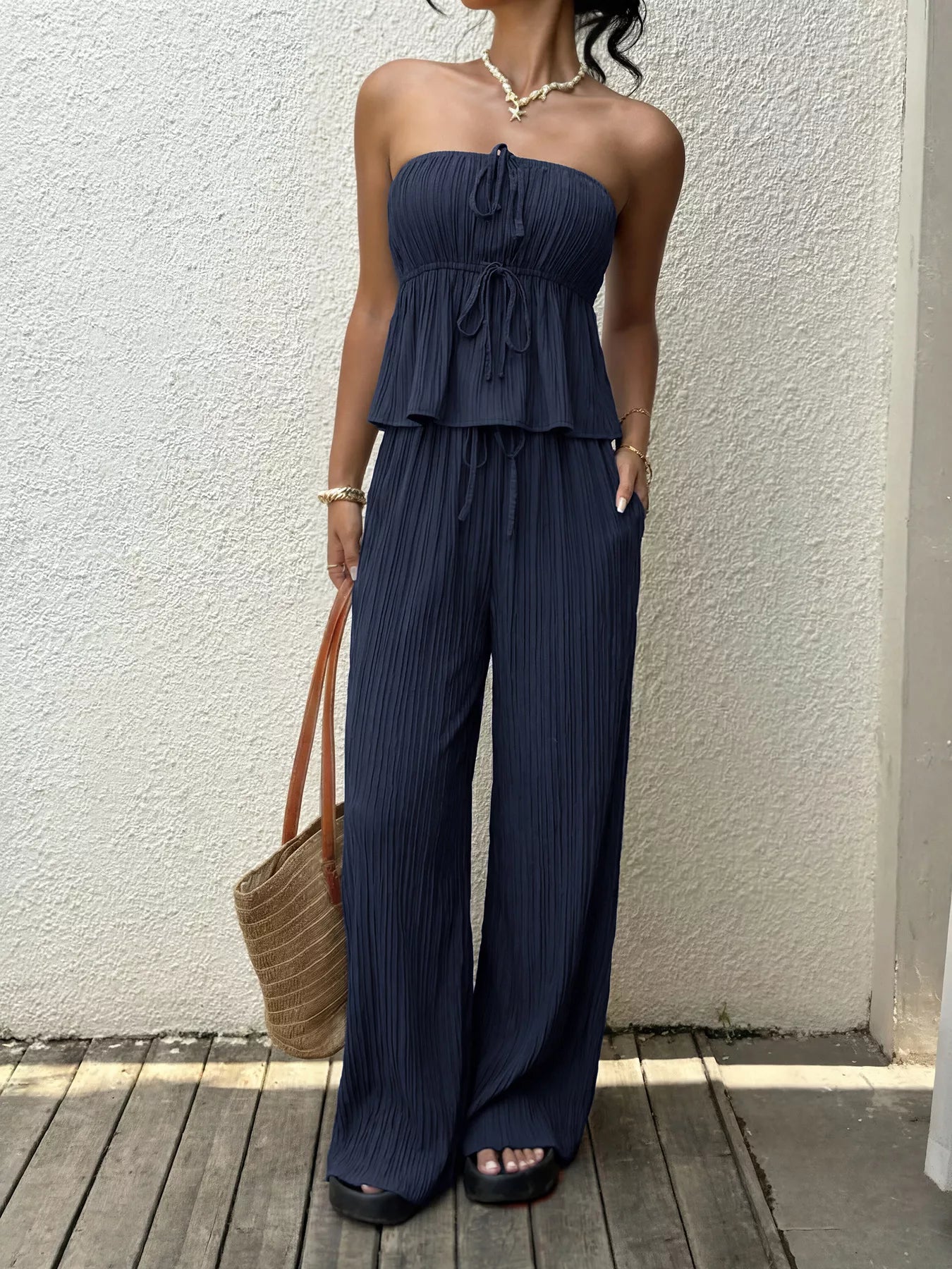 Textured Tube Top & Wide Leg Pants Set