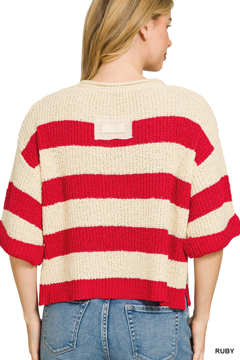Zenana Split Neck Stripe Sweater