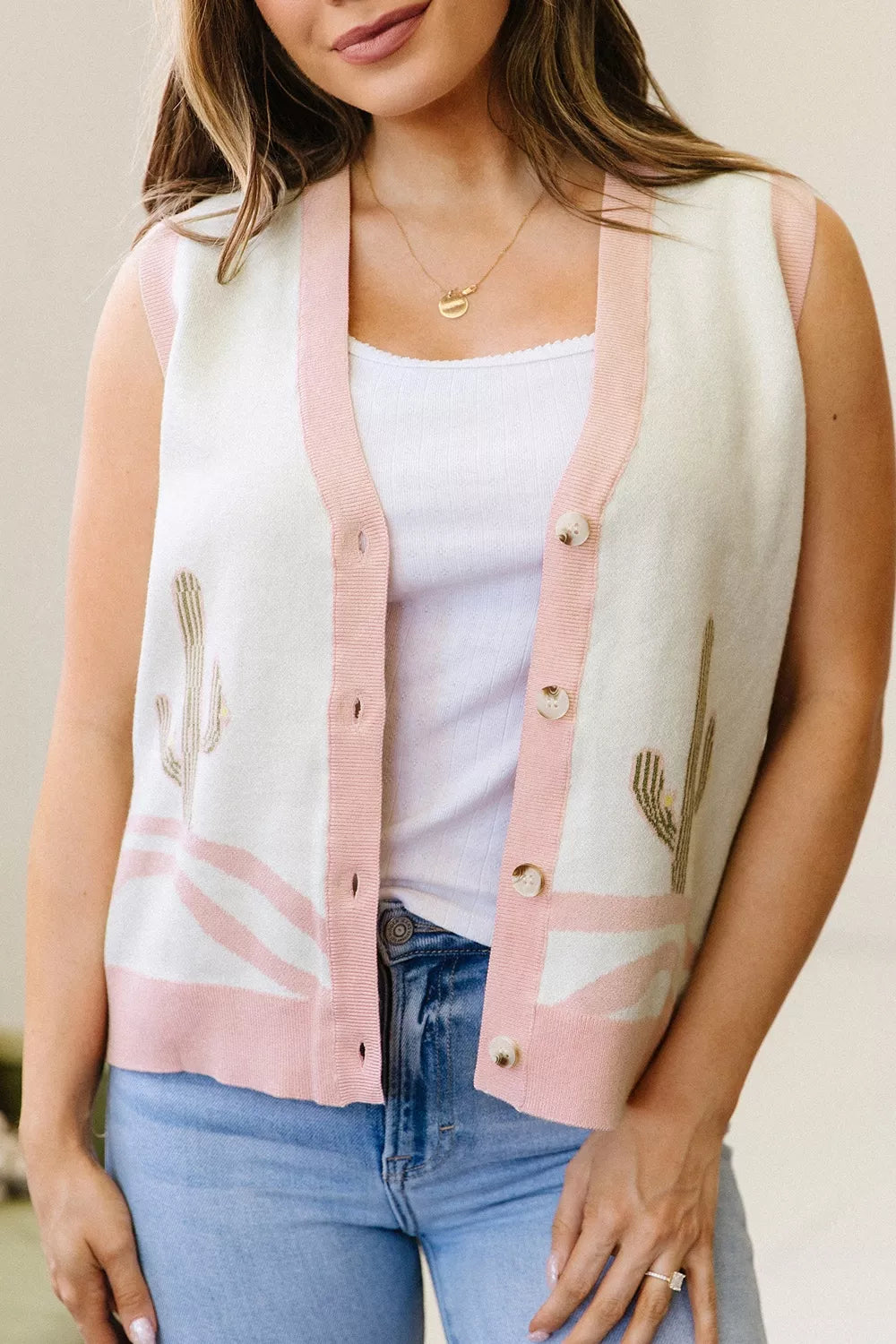 Color Block Trim Button Front Cactus Pattern Western Sweater Vest