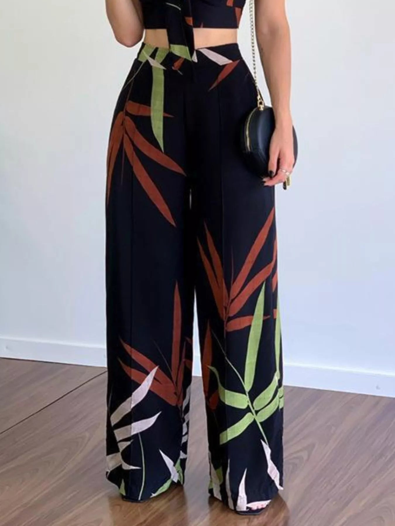 Tropical Print Spaghetti Strap Crop Top and Wide Leg Pants Set