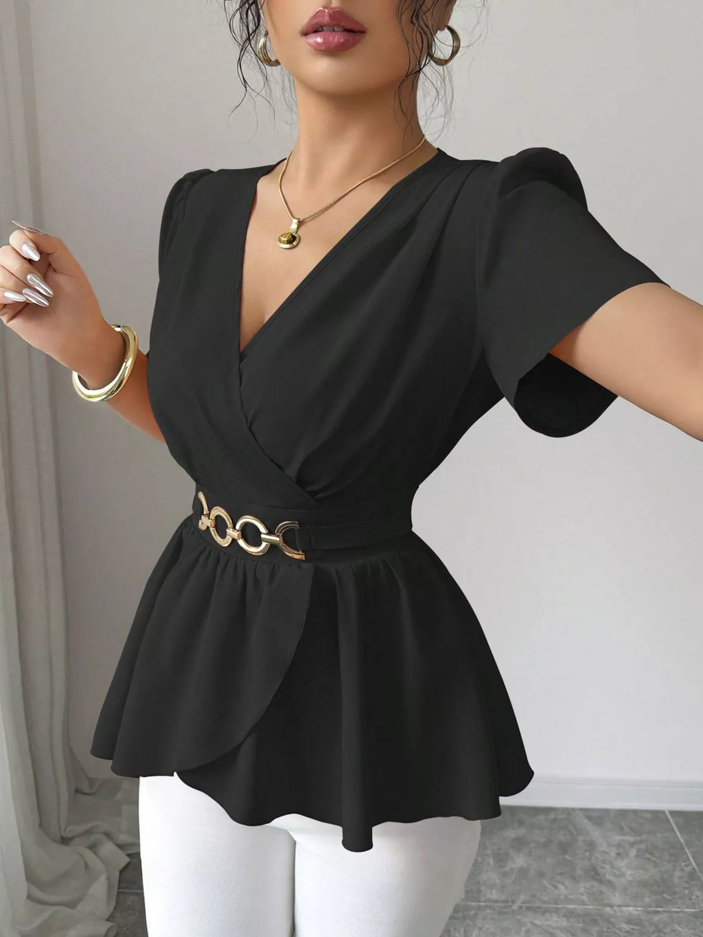 Surplice Short Sleeve Blouse