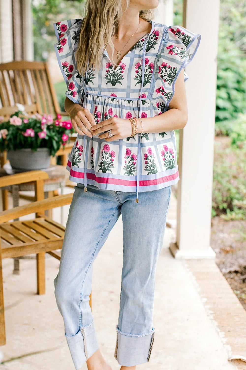 Floral Print Ruffle Sleeve Blouse
