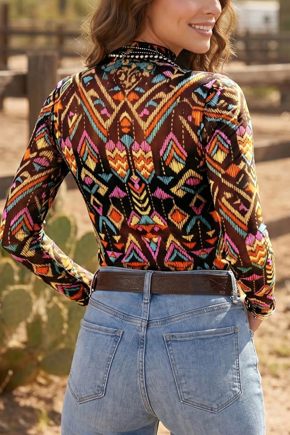 Abstract Print Long Sleeve Stand Neck Mesh Top