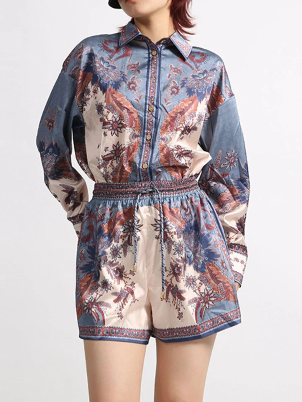 Printed Button Front Long Sleeve Shirt and Shorts Set