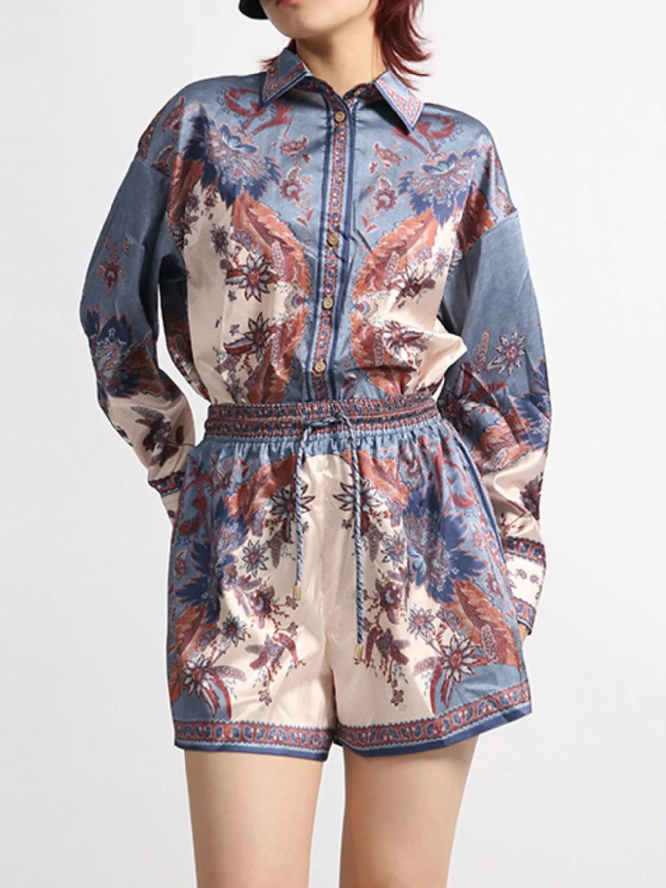 Printed Button Front Long Sleeve Shirt and Shorts Set