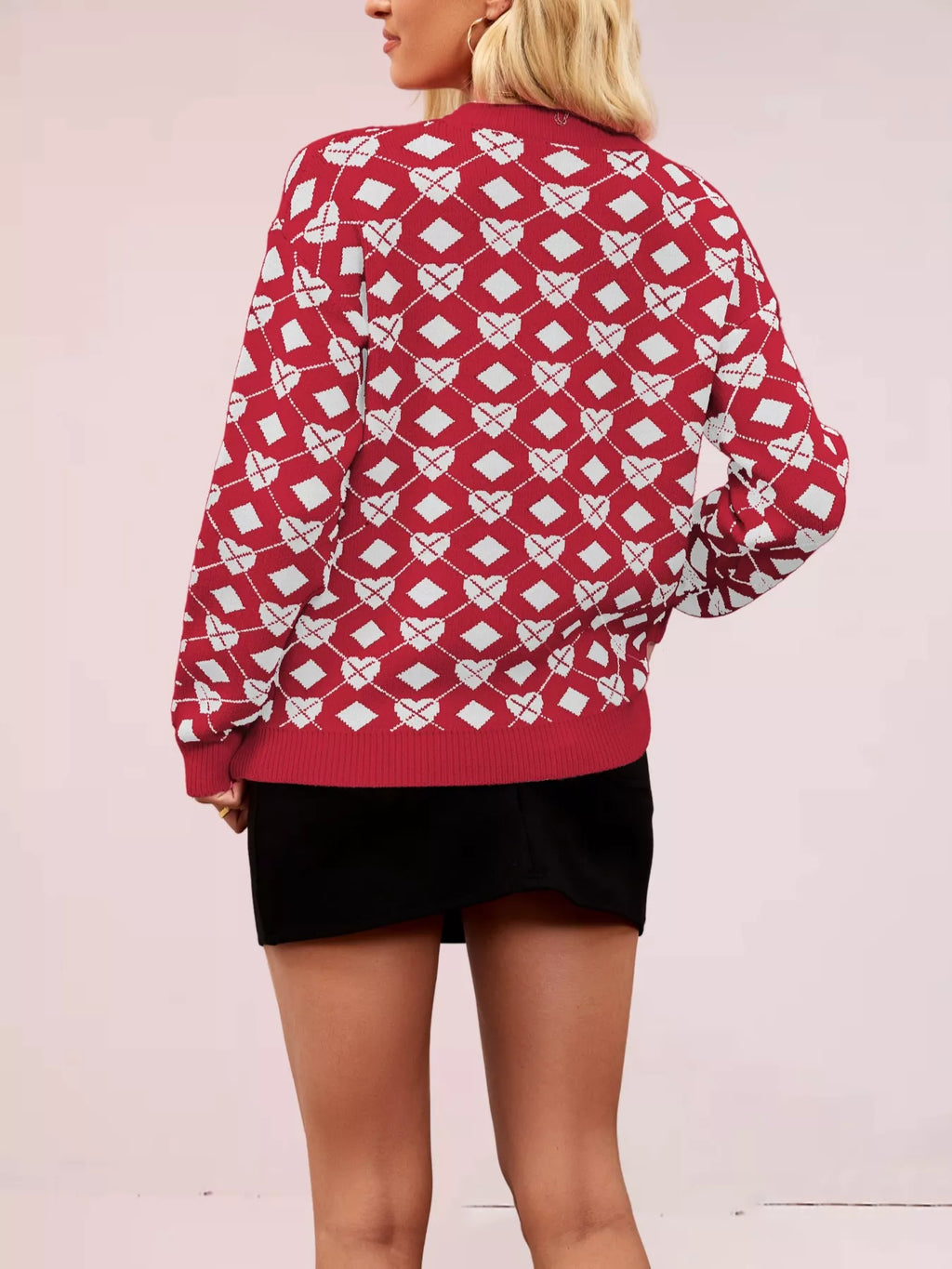Heart & Diamond Pattern Long Sleeve Sweater